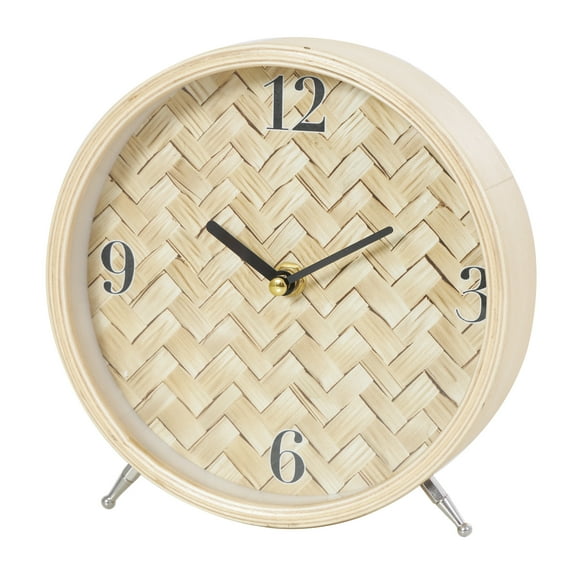 DecMode 7" Light Brown Wood Woven Chevron Patterned Clock with Silver Legs