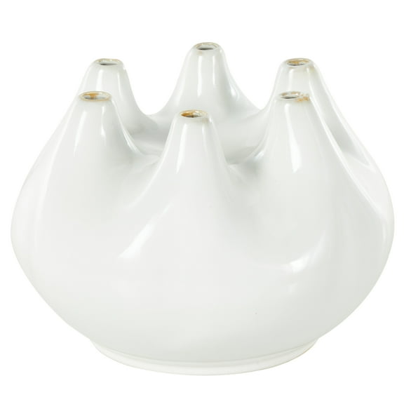 DecMode 7" Abstract Round Wide White Ceramic Vase with Multiple Openings