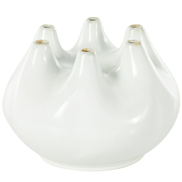 DecMode 7" Round Wide White Ceramic Vase with Multiple Openings