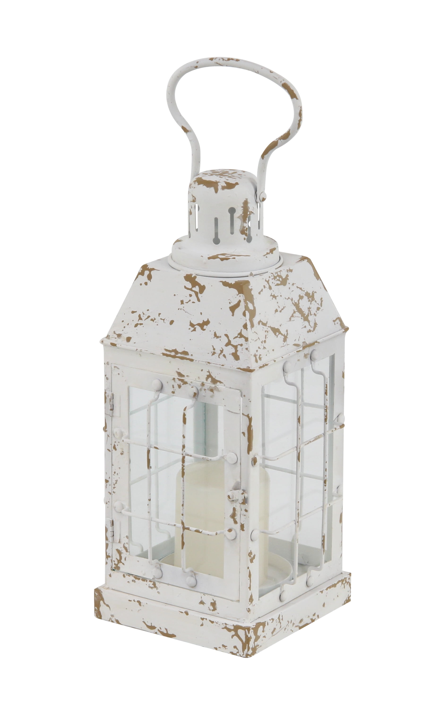 Vintage White Metal Candle Lantern with Distressed Finish - 7"x14"
