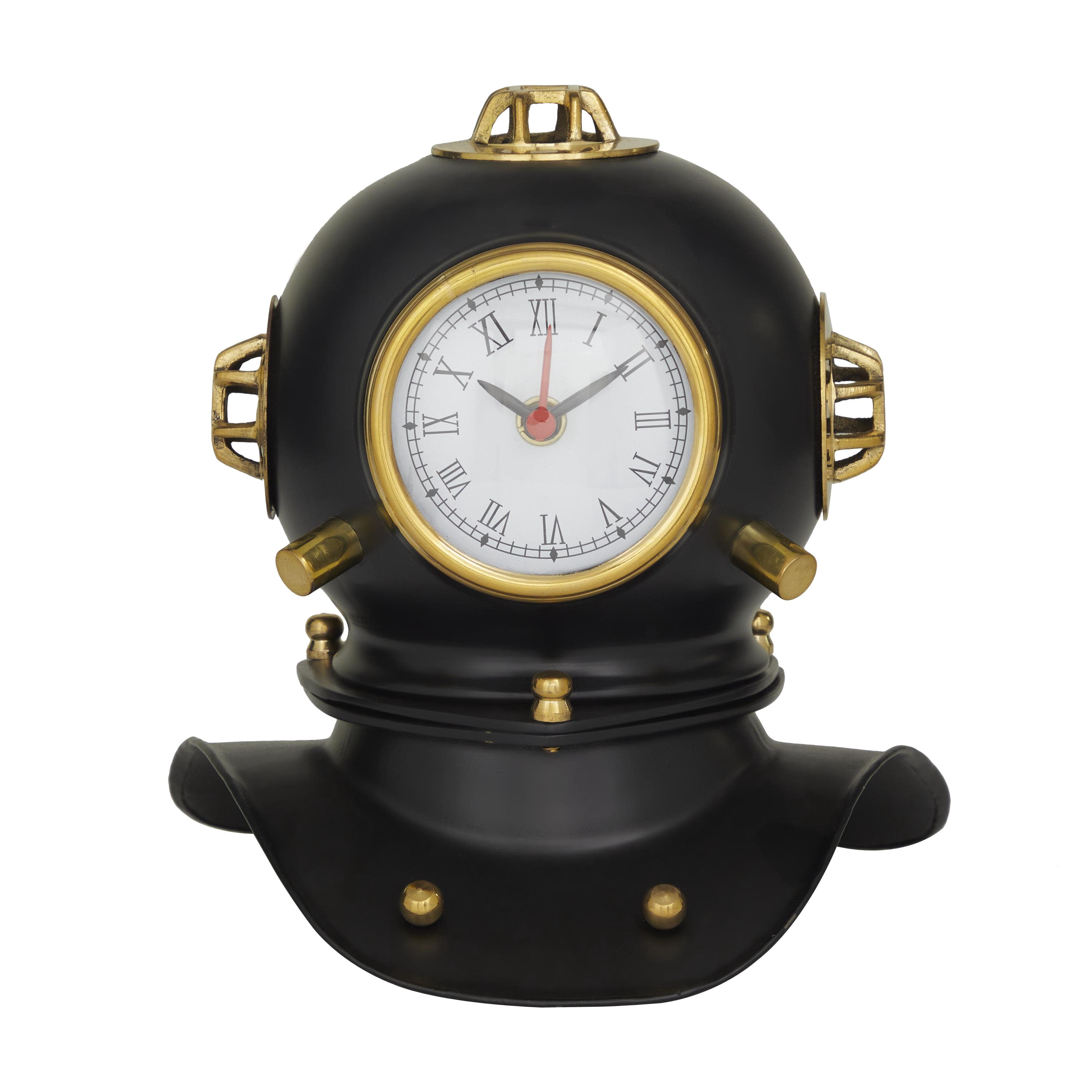 DecMode Black Brass Metal Diver helmet Decorative Clock, 8" x 7" x 8"