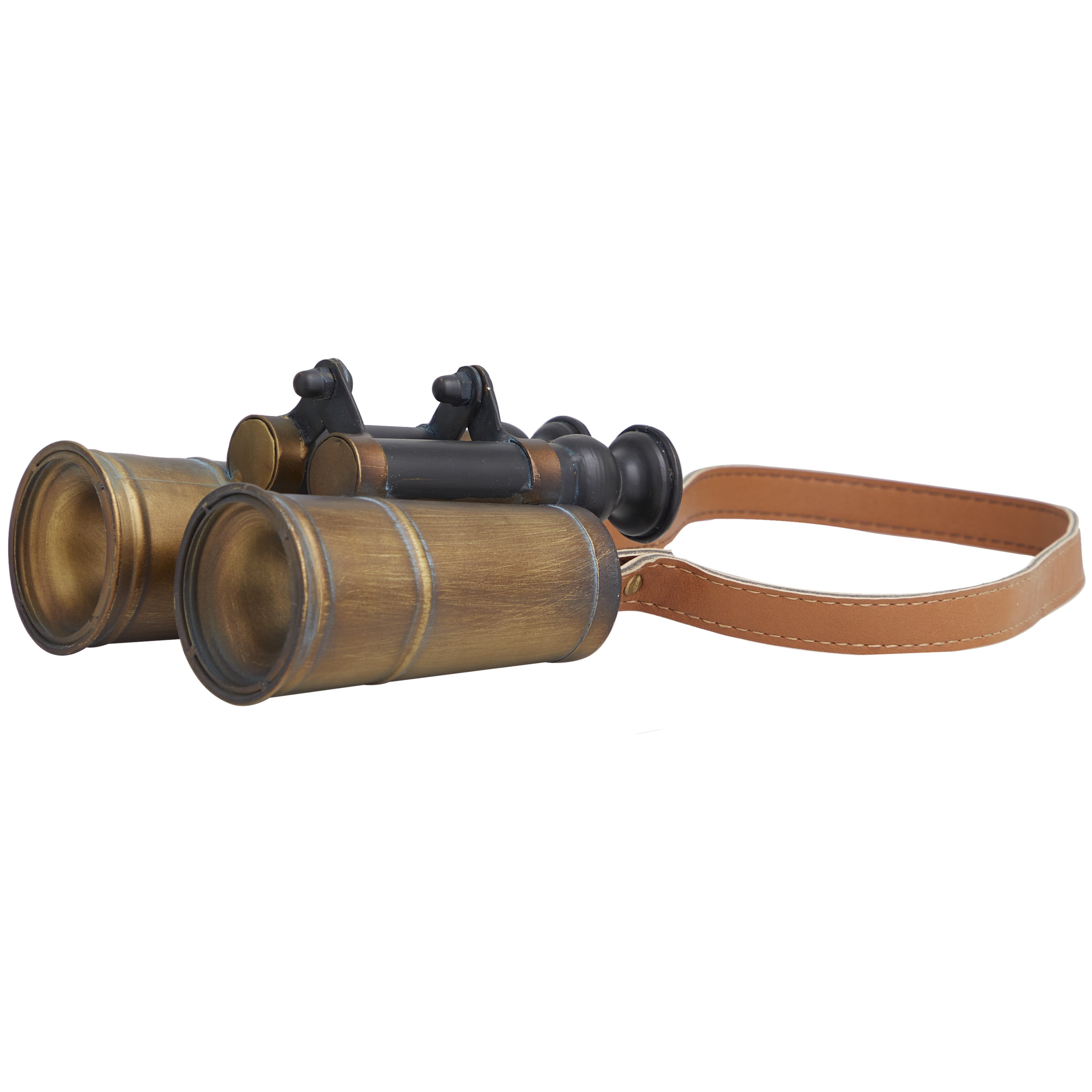 DecMode 7" x 7" Copper Metal Antique Binocular Telescope Tabletop Décor with Brown Faux Leather Strap, 1-Piece