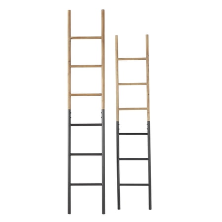 DecMode 71", 62"H Brown Wood Slim Two-Toned 12 Rug Ladder with Black Metal Bases, 2-Pieces