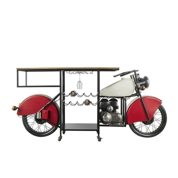 DecMode 72" x 41" Red Metal Motorcycle Vintage Style 10 Bottle Motorcycle Bar with Wood Bar Top and Red Accents, 1-Piece