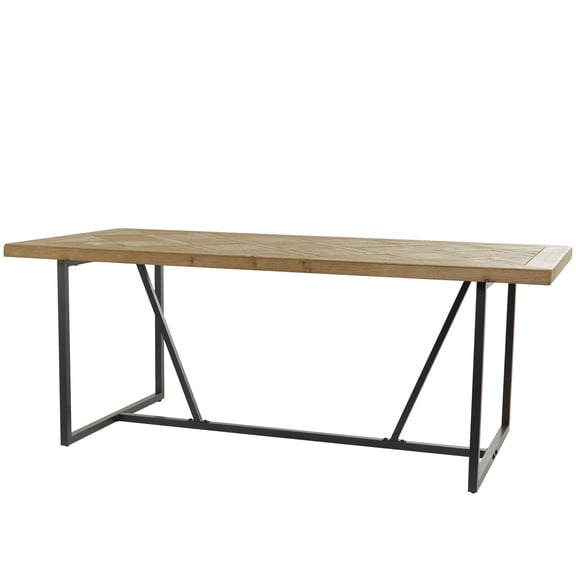 DecMode 76" x 30" Brown Wood Geometric Carved Dining Table with Black Metal Base, 1-Piece