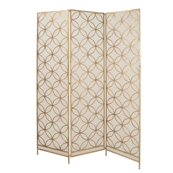 DecMode Brass Metal Geometric Hinged Foldable Partition 3 Panel Partition Room Divider Screen, 57" x 1" x 79"