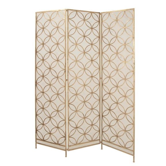 DecMode Brass Metal Geometric Hinged Foldable Partition 3 Panel Partition Room Divider Screen, 57" x 1" x 79"