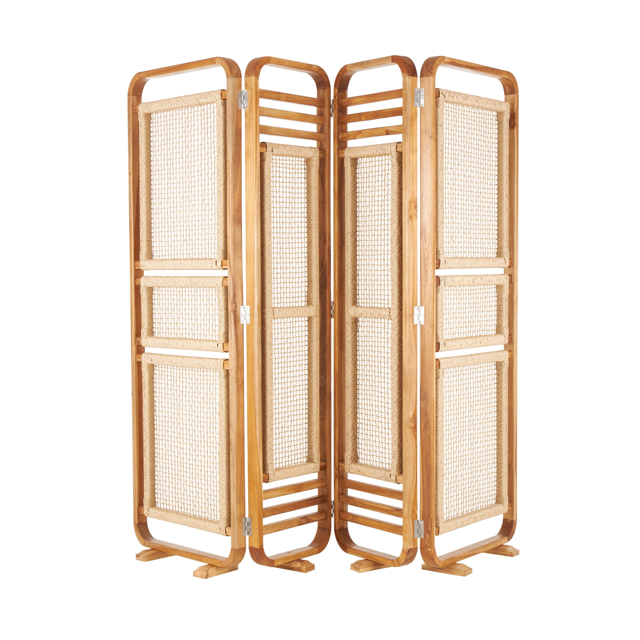 DecMode 79" x 70" Brown Teak Wood Handmade Foldable Partition 4 Panel Room Divider Screen with Woven Rattan Panels, 1-Piece