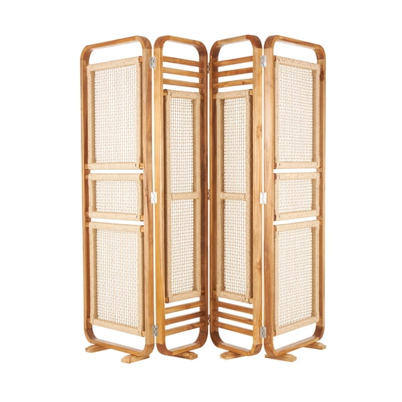 DecMode 79" x 70" Brown Teak Wood Handmade Foldable Partition 4 Panel Room Divider Screen with Woven Rattan Panels, 1-Piece