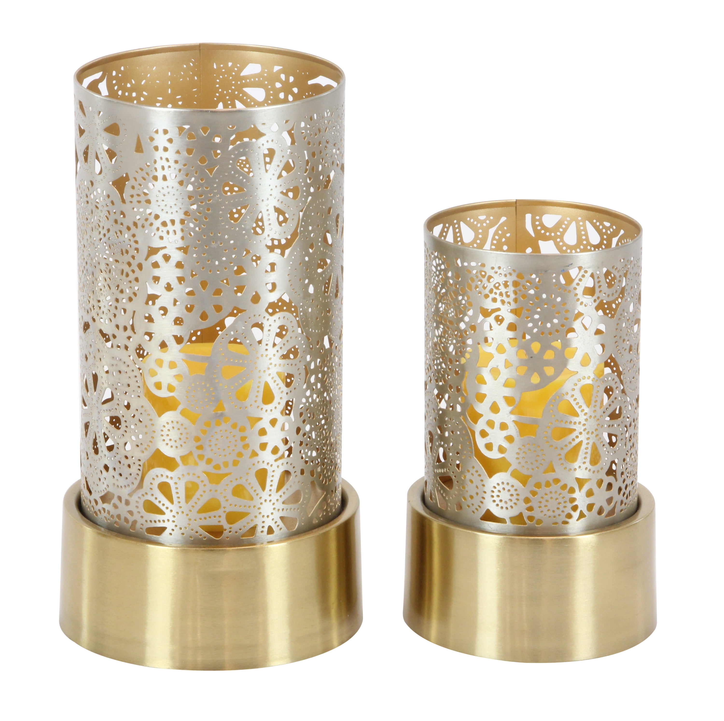 Gold and Silver Floral Cut-Out Metal Hurricane Candle Lantern Set