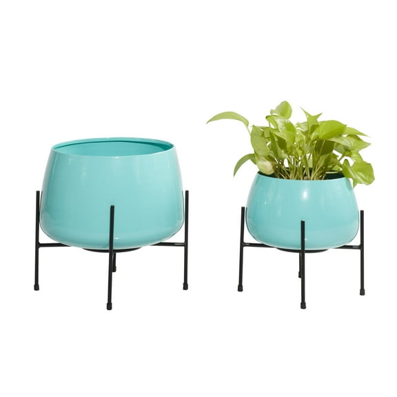 DecMode 8", 10"H Rounded Dome Teal Metal Planter with Removable Stand (2 Count)