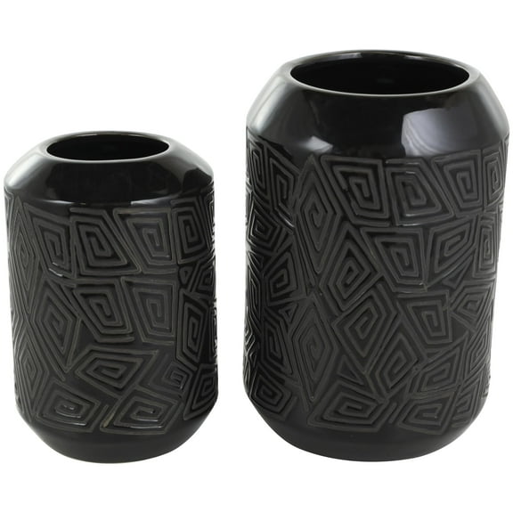 DecMode 8", 11"H Black Ceramic Vase with Geometric Etchings, Set of 2