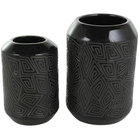 DecMode 8", 11"H Black Ceramic Vase with Geometric Etchings, Set of 2