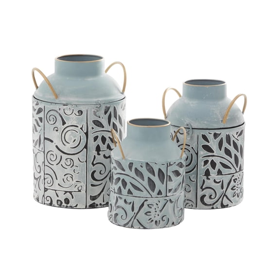 DecMode 8", 12", 10"H Floral Embossed Blue Metal Vase with Gold Handles, Set of 3
