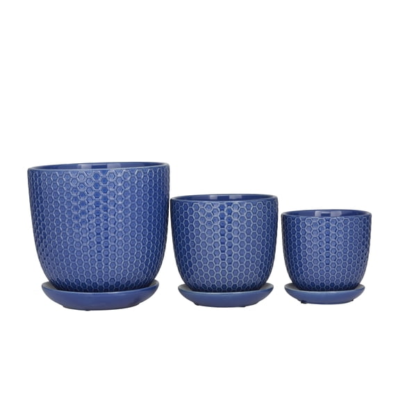 DecMode 8", 6", 5"H Indoor Outdoor Blue Porcelain Geometric Planter with Attached Saucer (3 Count)