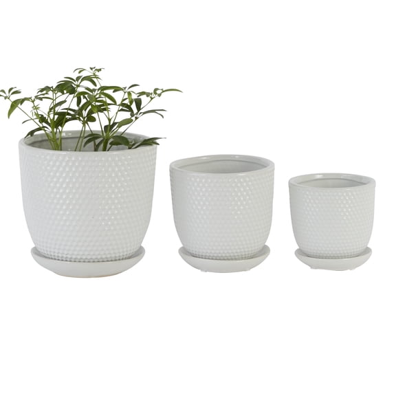 DecMode 8", 6", 5"H Indoor Outdoor White Ceramic Planter with Attached Saucer (3 Count)