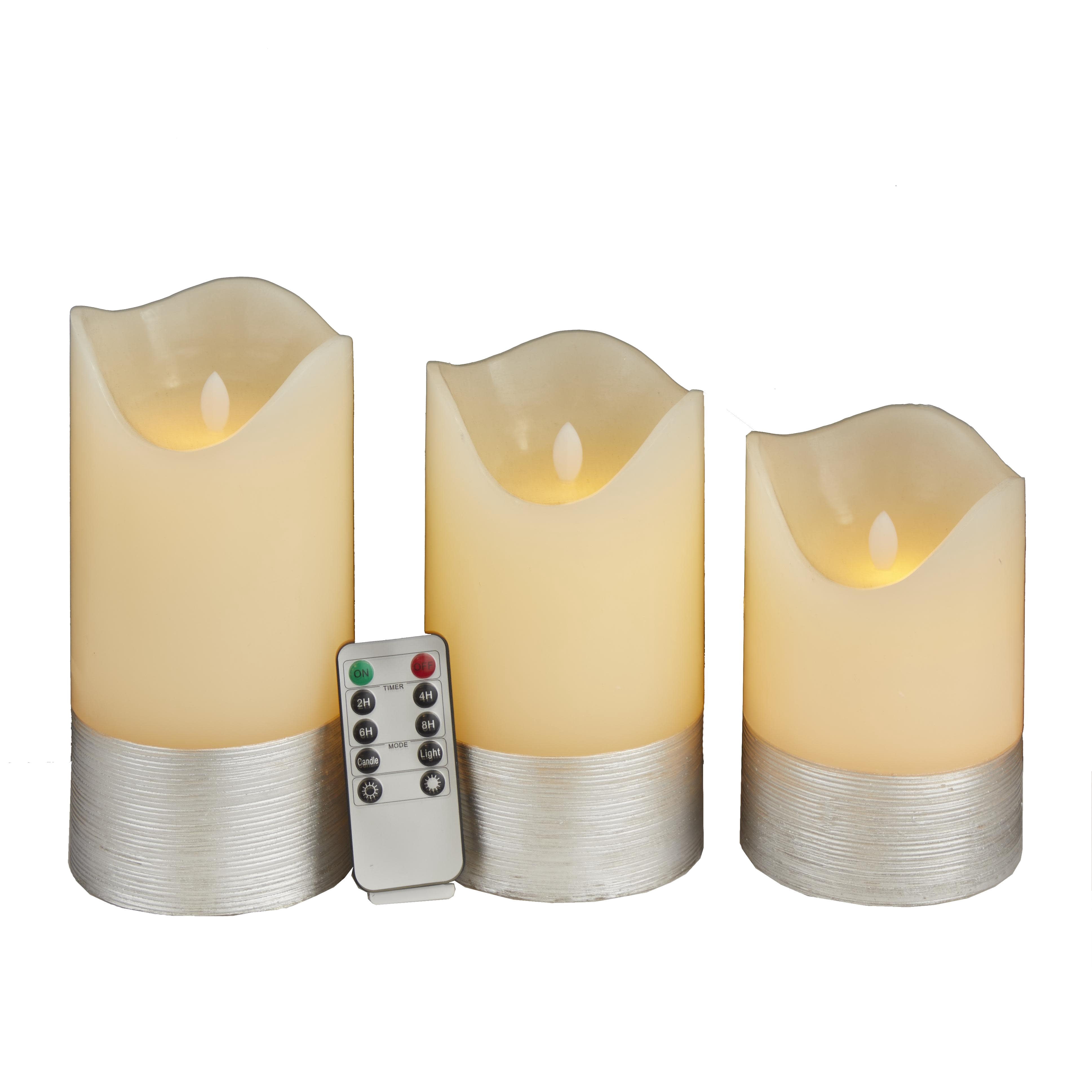 DecMode 8", 7", 6"H Silver Base Unscented Wax  Flameless Candle with Remote Control (Set of 3)