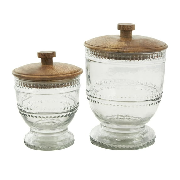 DecMode 8", 7"H Clear Glass Beaded Decorative Jars with Wood Lids, 2-Pieces