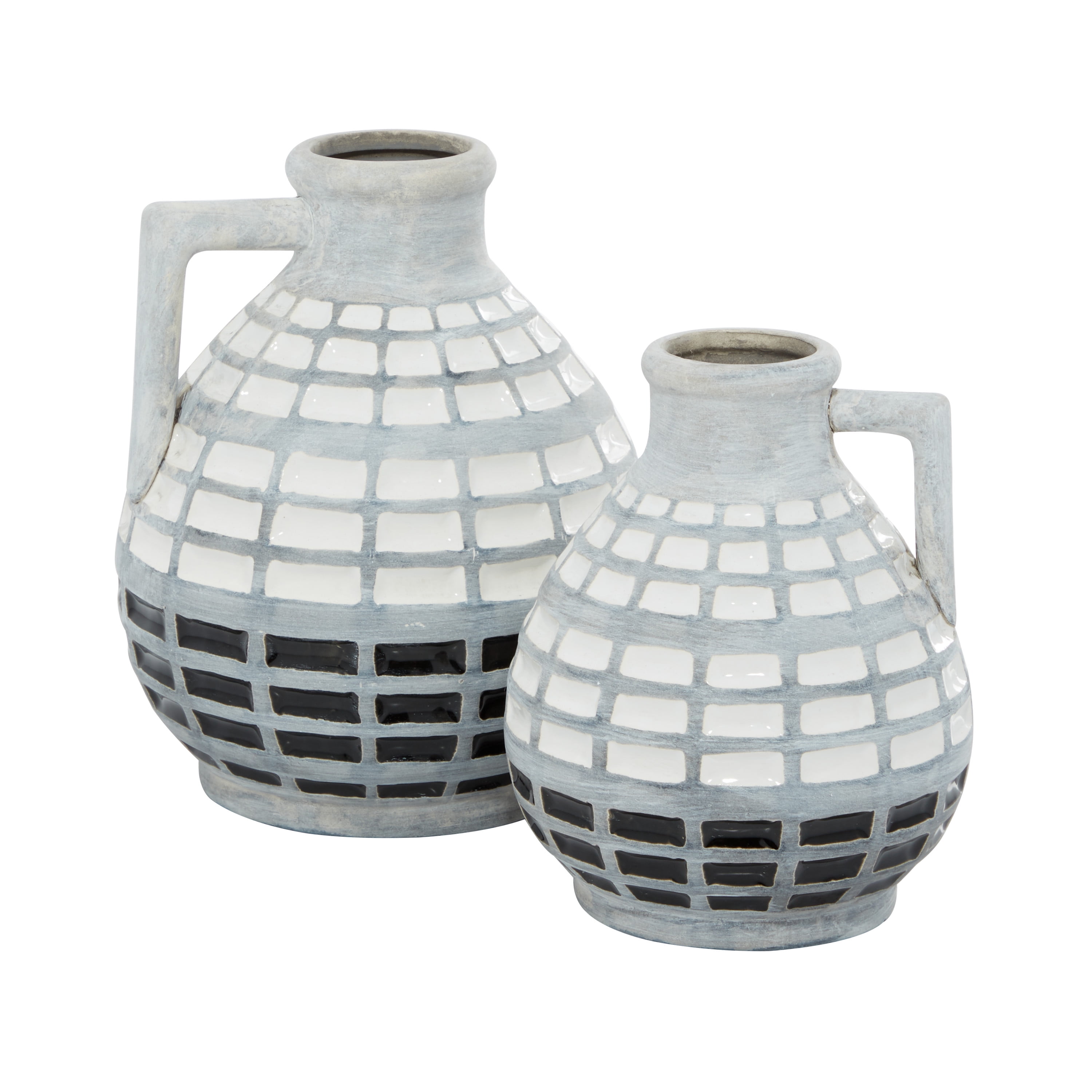 DecMode 8", 7"H Handmade Gray Ceramic Vase with Grid Pattern, Set of 2