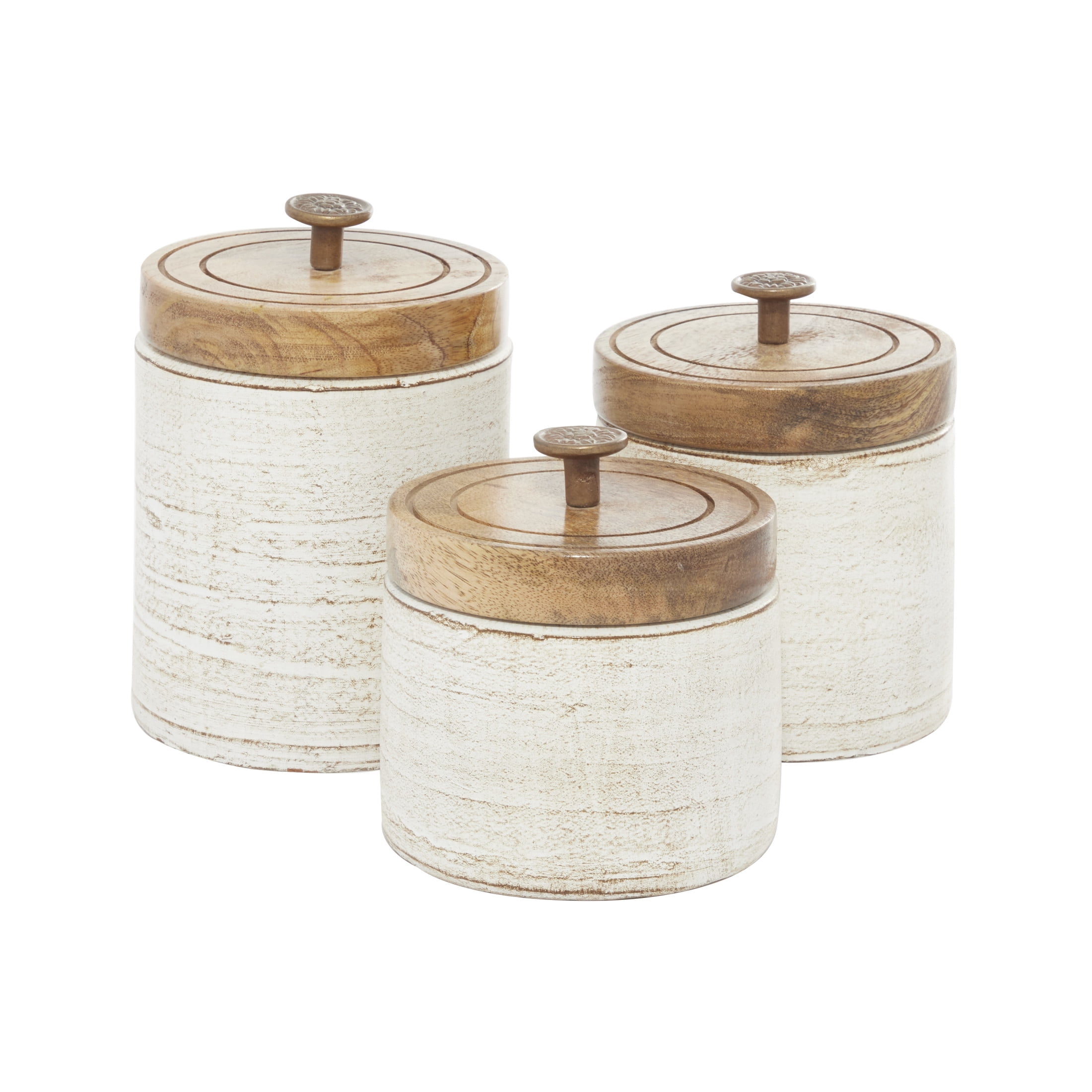 DecMode 8", 8", 7"H White Ceramic Decorative Jars with Wood Lids, 3-Pieces