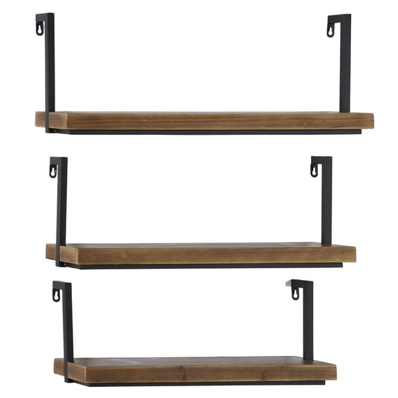 DecMode 8", 9", 10"H Floating 3-Tier Brown Wall Shelf with Black Metal Frames (3 Count)