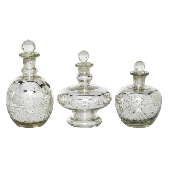 DecMode 8", 9", 7"H Silver Glass Decorative Jars with Crystal Stoppers, 3-Pieces