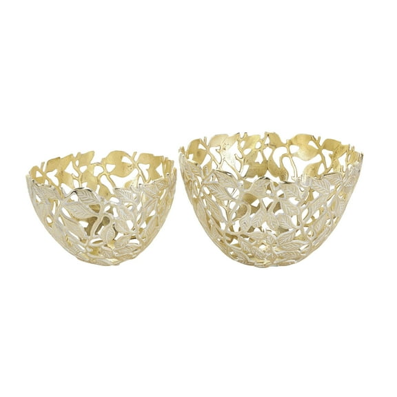 DecMode 8", 9"H Round Leaf Gold Aluminum Metal Decorative Bowl with White Detailing, Set of 2