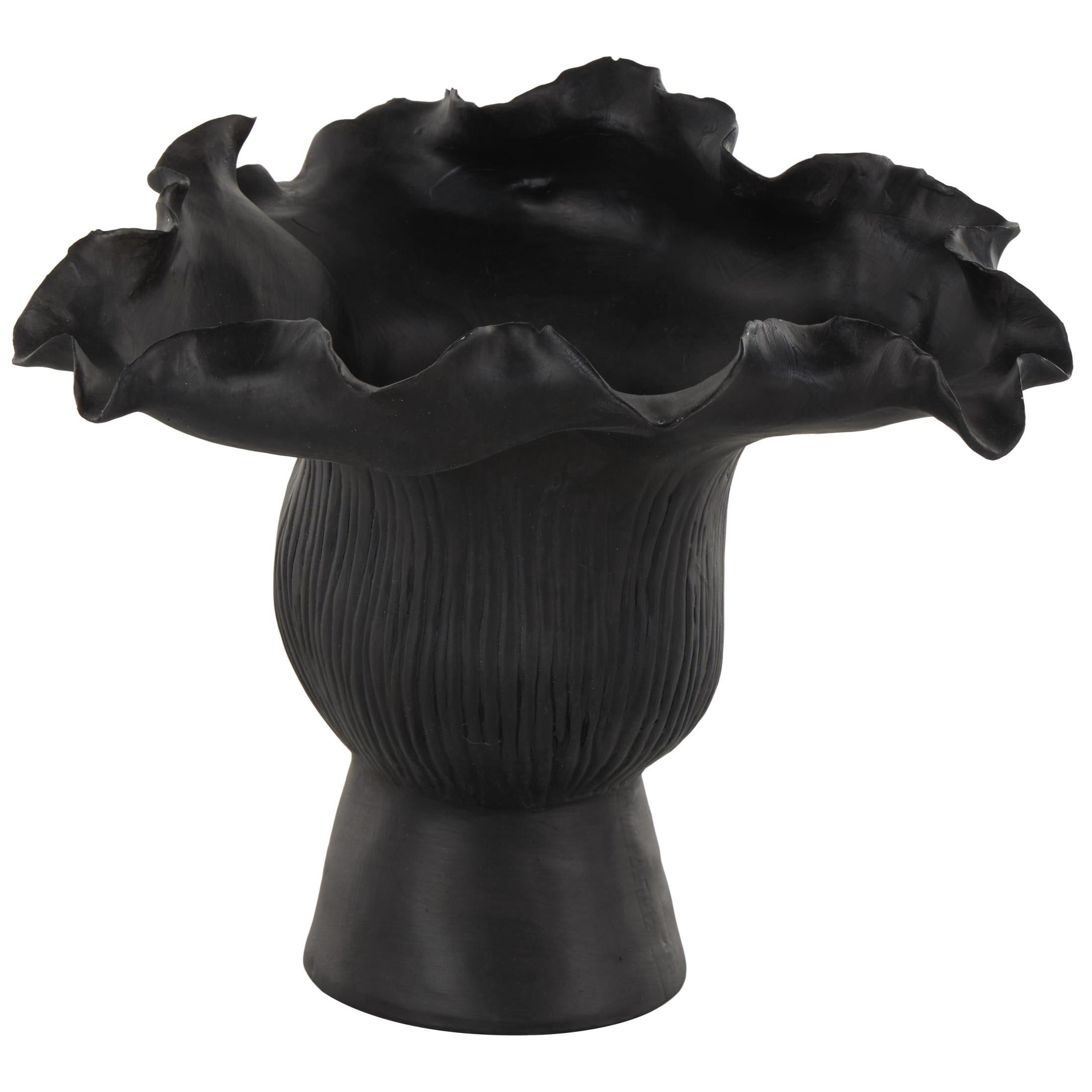 DecMode 8" Abstract Floral Inspired Black Ceramic Vase with Wavy Folded Rim and Linear Grooves