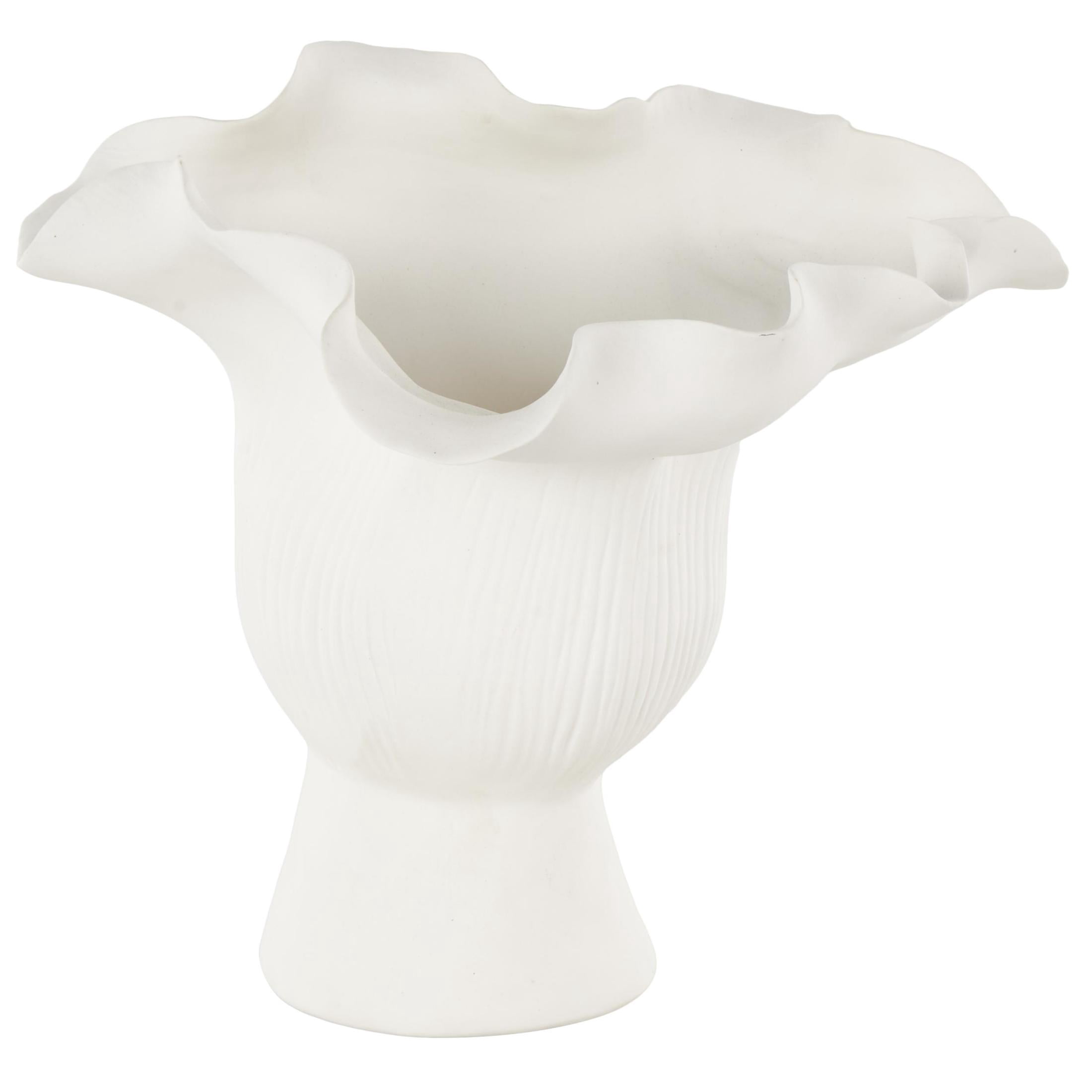 DecMode 8" Abstract Floral Inspired White Ceramic Vase with Wavy Folded Rim and Linear Grooves