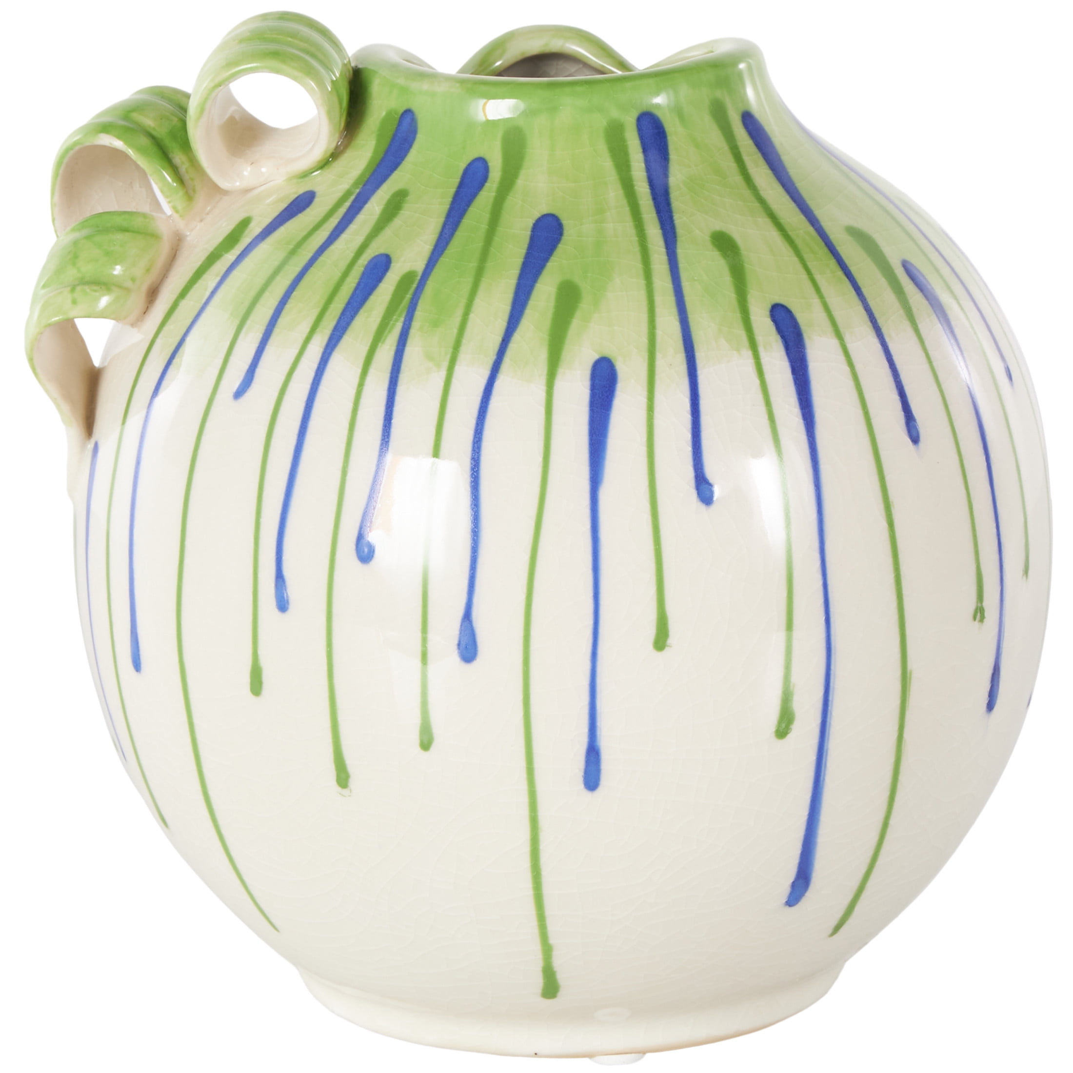 DecMode 8" Abstract White Ceramic Vase with Green and Blue Drip Design and Handles