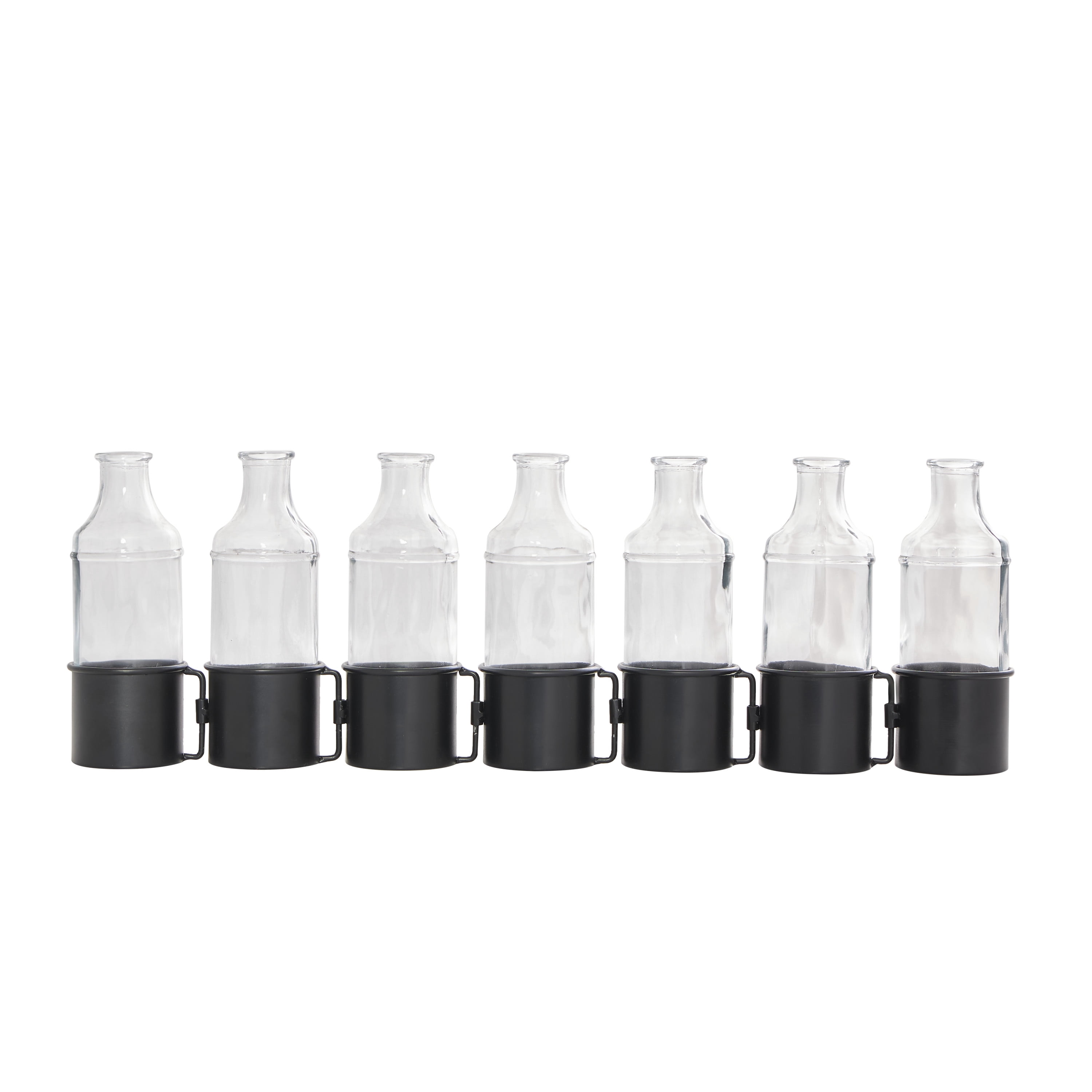 DecMode 8" Adjustable Bottle Black Metal Vase with Clear Glass Bottles