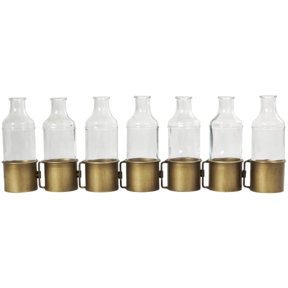 DecMode 8" Adjustable Bottle Gold Metal Vase with Clear Glass Bottles