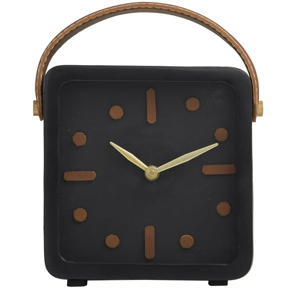 DecMode 8" Black Metal Small Clock with Leather Handle and Hour Markers