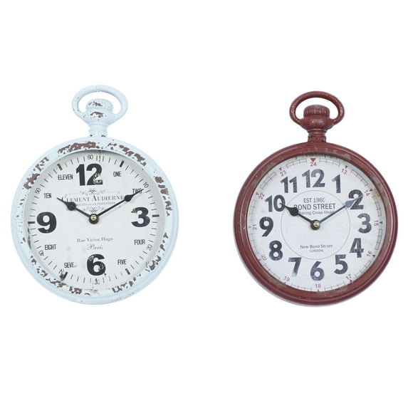 DecMode 8"W, 11"H Multi Colored Metal Pocket Watch Style Wall Clock (2 Count)