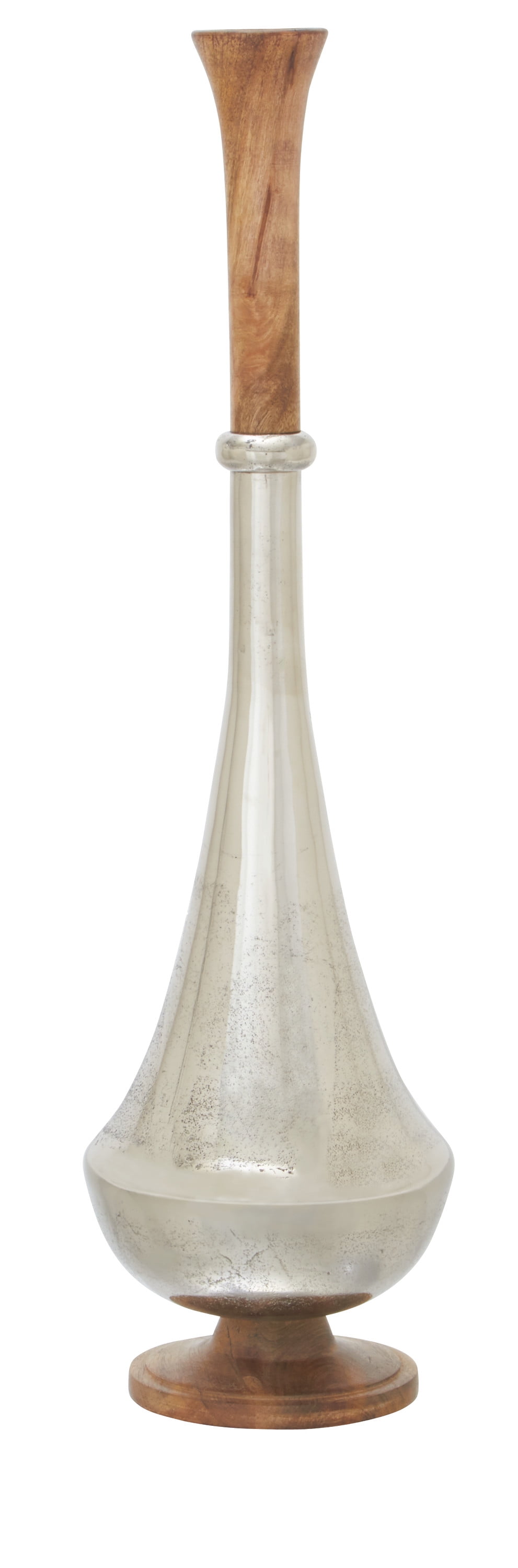 Tall Silver and Wood Floor Vase with Slender Neck