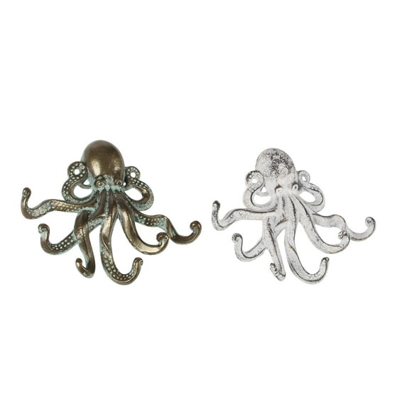 DecMode 8"W, 7"H Bronze Metal 6 Hangers Octopus Wall Hook, 2-Pieces