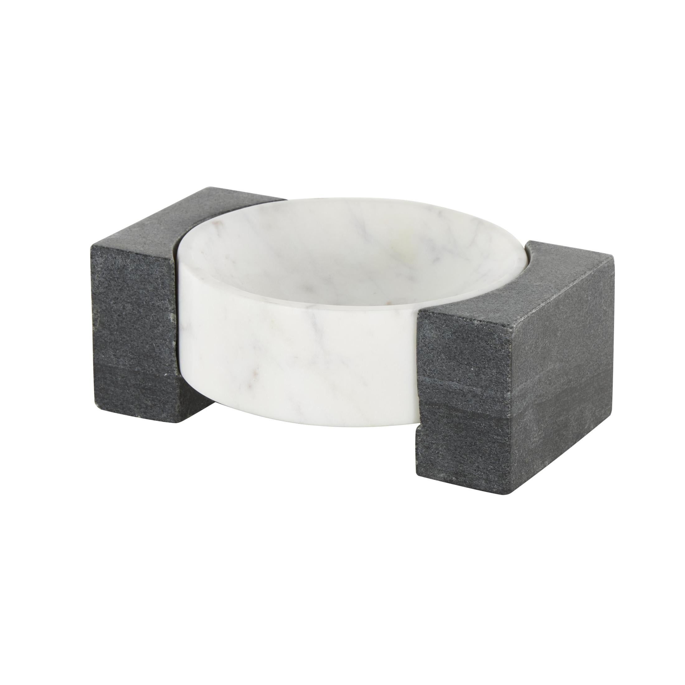 DecMode 8" x 6" White Marble Round Geometric Tray with Black Rectangular Blocks, 1-Piece
