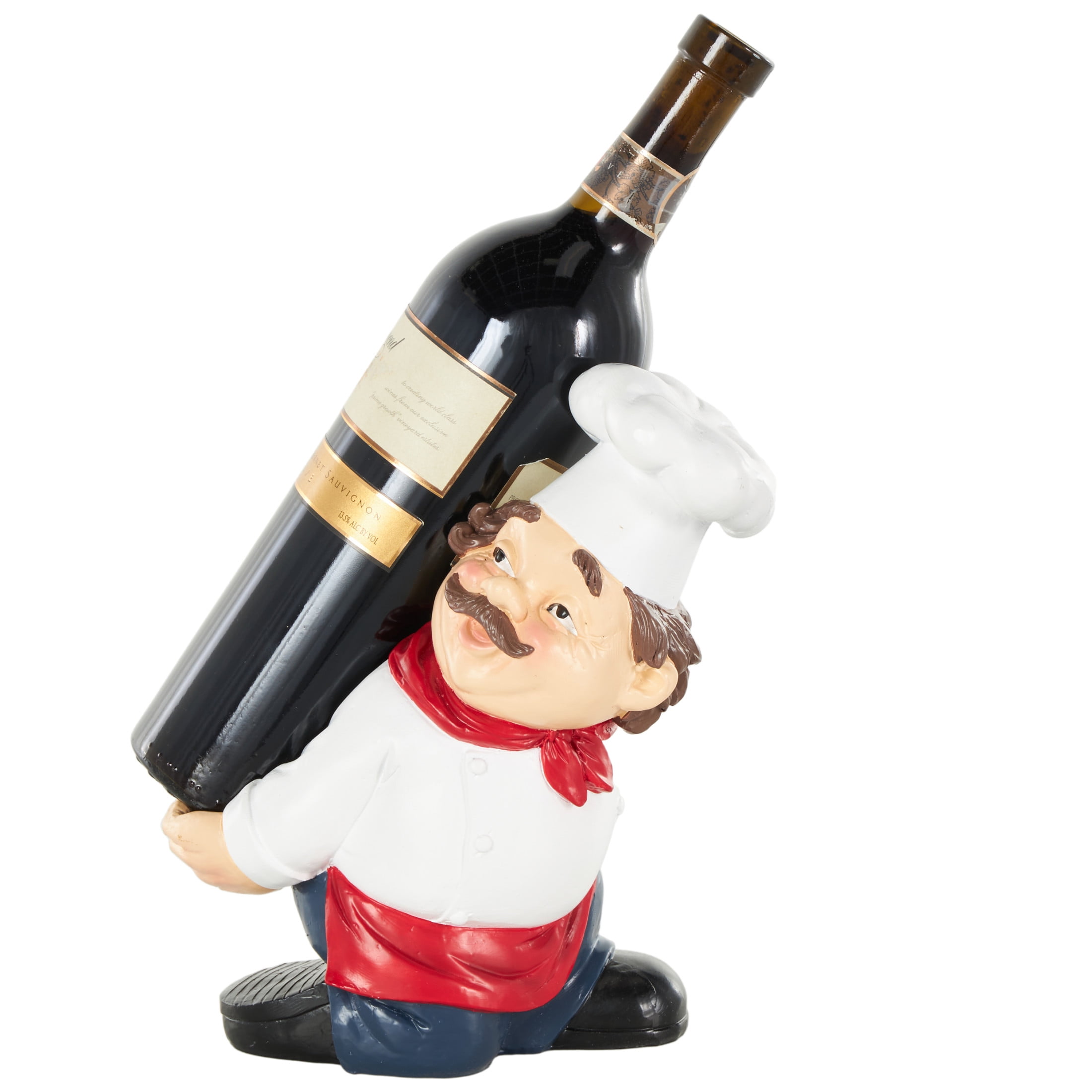 DecMode 8" x 9" White Polystone Kitchen Decorative Figurine Single Bottle Chef Wine Holder, 1-Piece