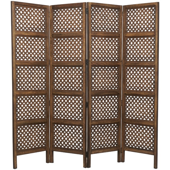 DecMode 80" x 72" Brown Wooden Geometric Handmade Circle Cutout 4 Panel ...
