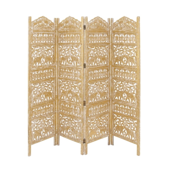DecMode 80" x 72" Gold Wooden Scroll Handmade Foldable Partition 4 Panel Room Divider Screen with Carved Elephant Accents, 1-Piece