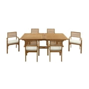 DecMode 83" x 31" Brown Teak Wood Outdoor Dining Set with White Cushions and Extendable Table Leaf, 7-Pieces