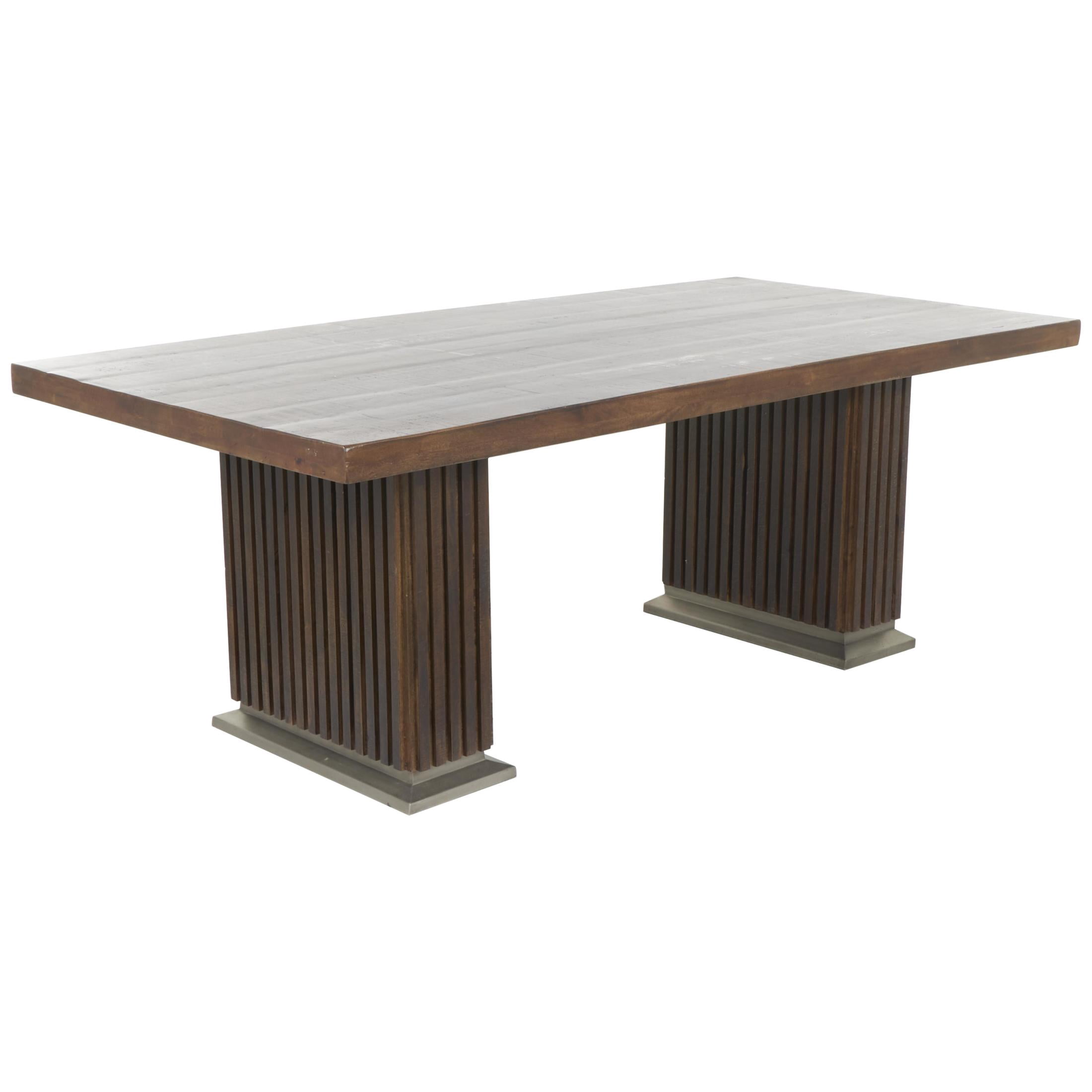 DecMode 84" x 30" Brown Mango Wood Mid Century Modern Dining Table with Ribbed Legs and Silver Bases, 1-Piece