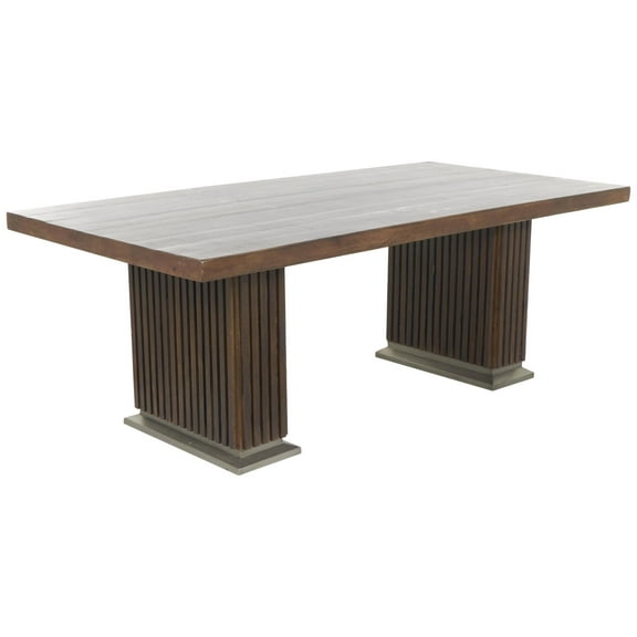 DecMode 84" x 30" Brown Mango Wood Mid Century Modern Dining Table with Ribbed Legs and Silver Bases, 1-Piece