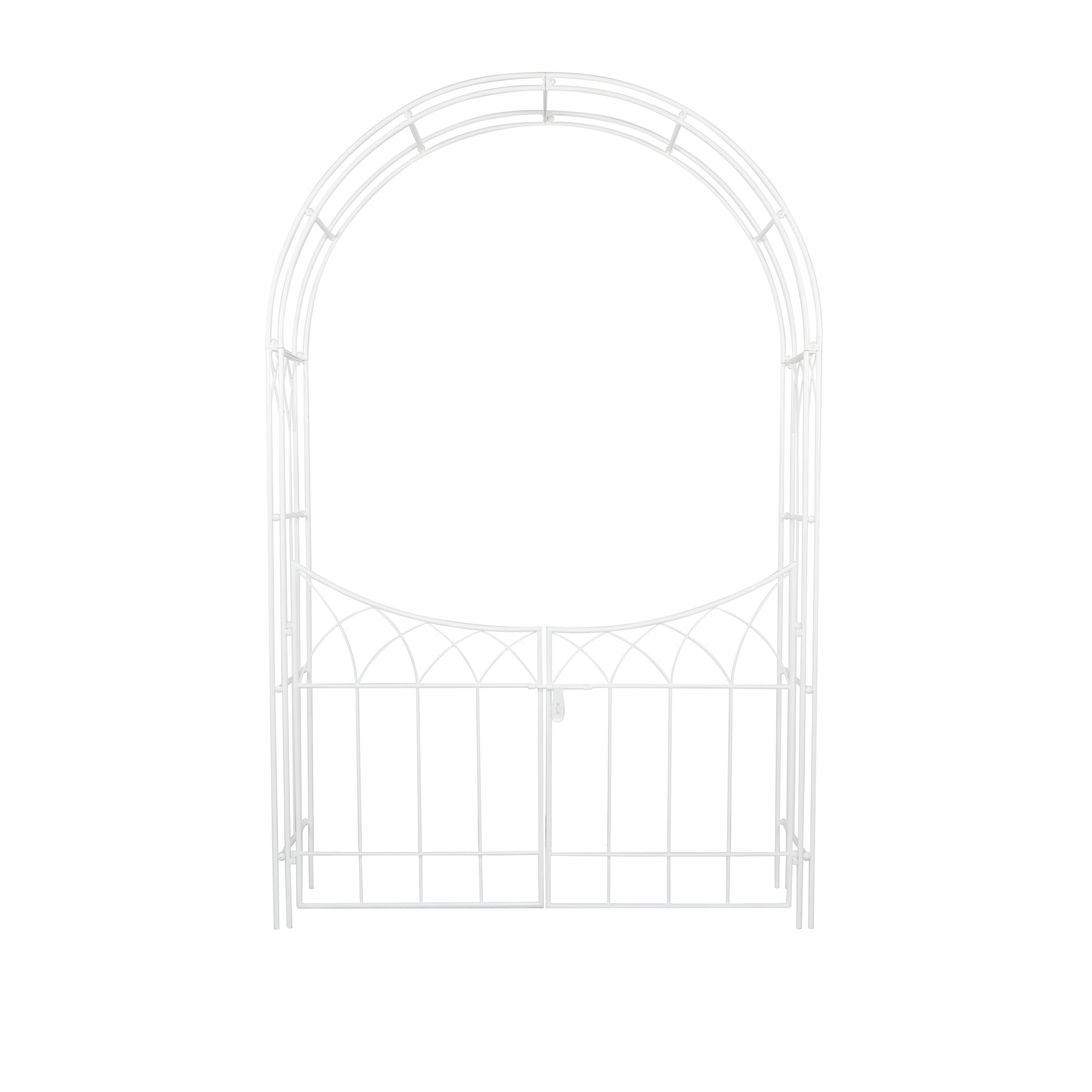DecMode 86" Indoor Outdoor Arched Gate White Metal Garden Arbor with Lattice Work Sides