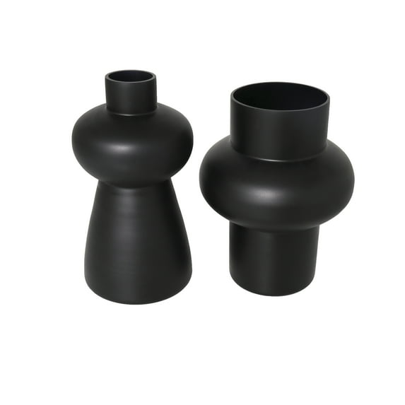 DecMode 9", 10"H Black Glass Vase with Various Shapes and Wide Rounded Centers, Set of 2