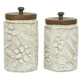 thumbnail image 1 of DecMode 9", 11"H White Ceramic Floral Handmade Intricately Carved Decorative Jars with Wood Lids, 2-Pieces, 1 of 8