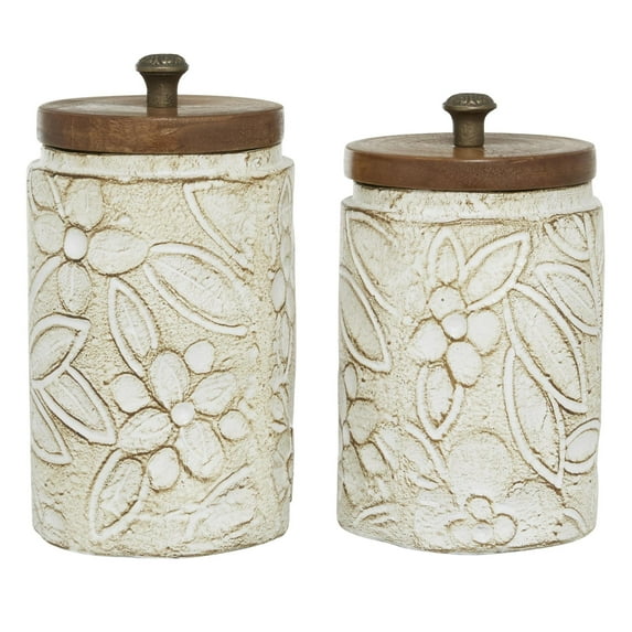DecMode 9", 11"H White Ceramic Floral Handmade Intricately Carved Decorative Jars with Wood Lids, 2-Pieces