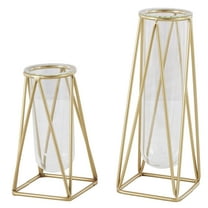 DecMode 9", 13"H Geometric Tube Gold Glass Vase with Metal Stand, Set of 2