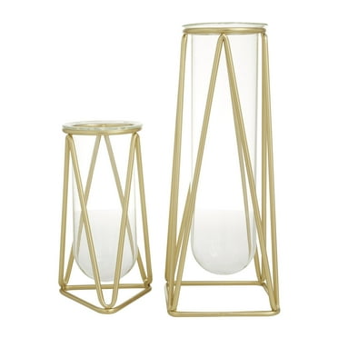 DecMode 9", 13"H Tube Gold Glass Vase with Metal Stand, Set of 2