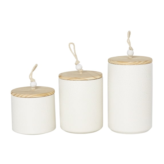DecMode 9", 7", 5"H Cream Ceramic Spotted Textured Canisters with Brown Wood Lids and Beaded Accents, 3-Pieces
